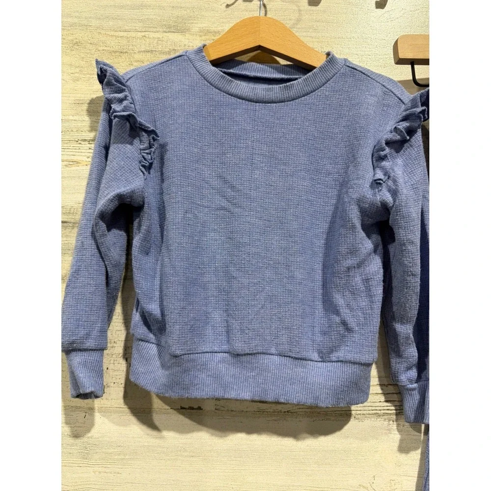 Little Sleepies Set Girls 2T Blue Waffle Knit Ruffle Flare EUC